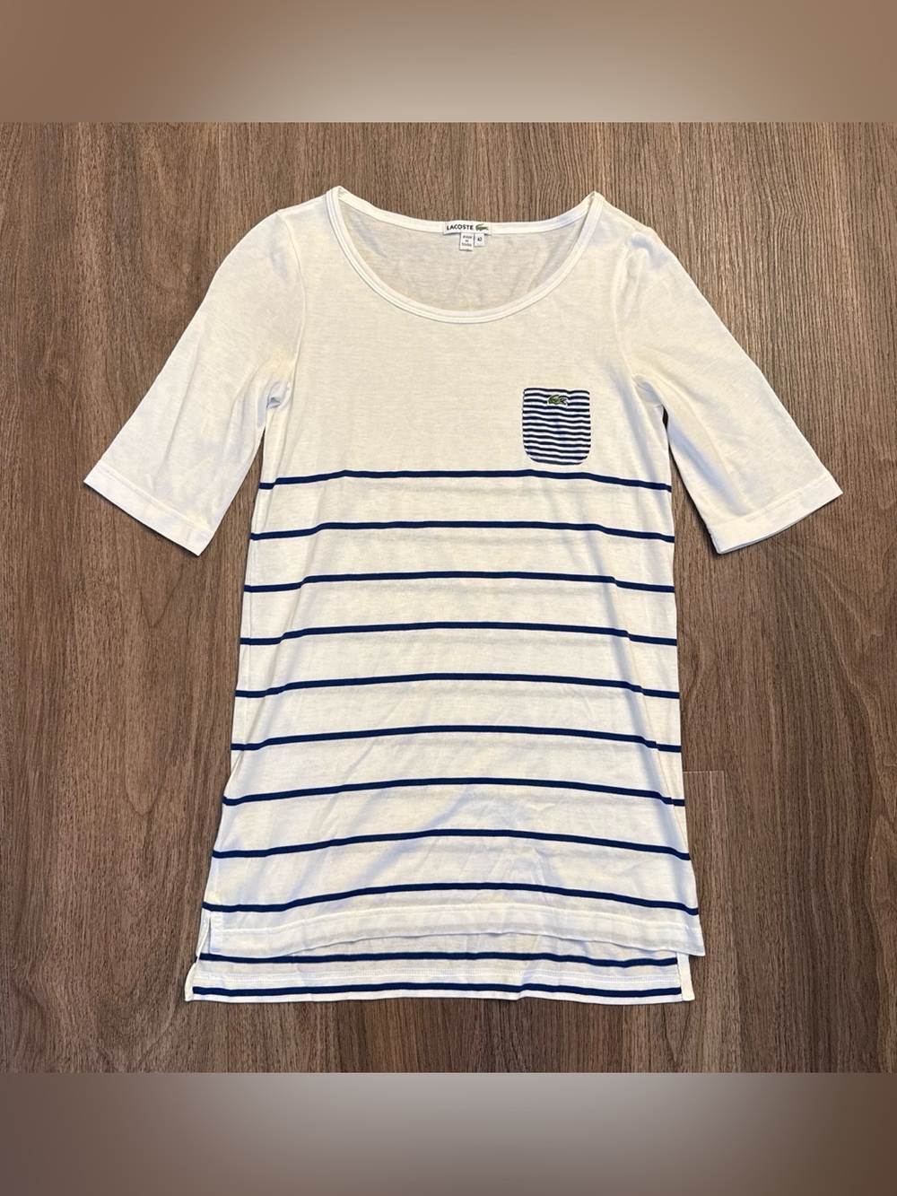 Lacoste White Tee with Navy Stripes and Chest Pocket size 42